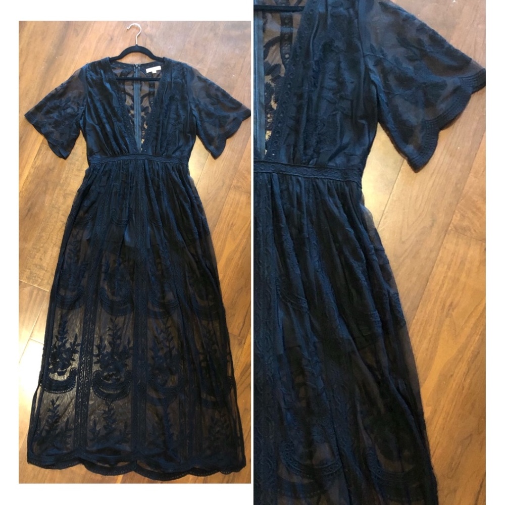 Maxi length plunge floral lace jumpsuit/romper dress